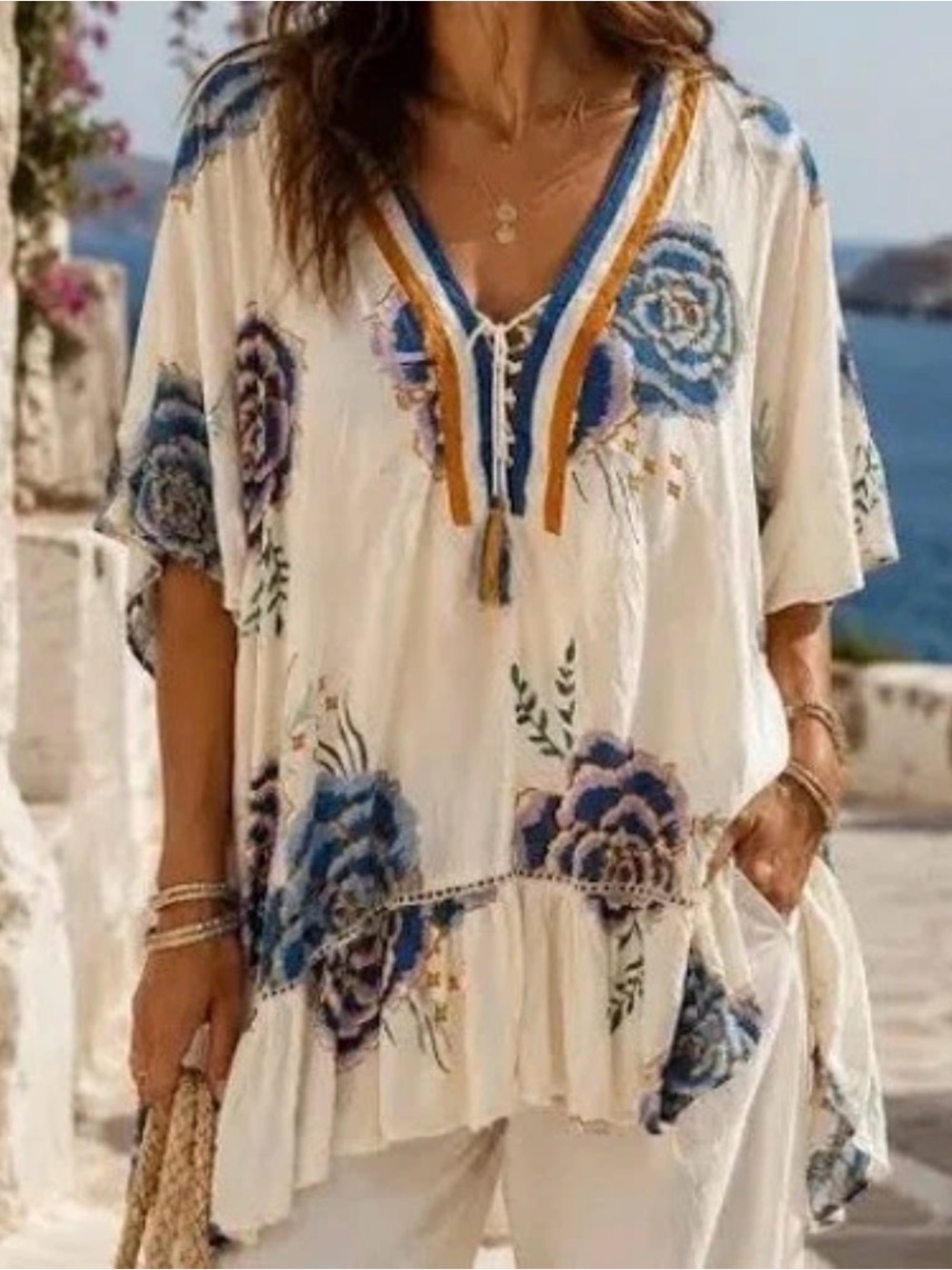 Z&L Floral V-Neck Swim Coverup Tunic in Cream and Blue, Roses